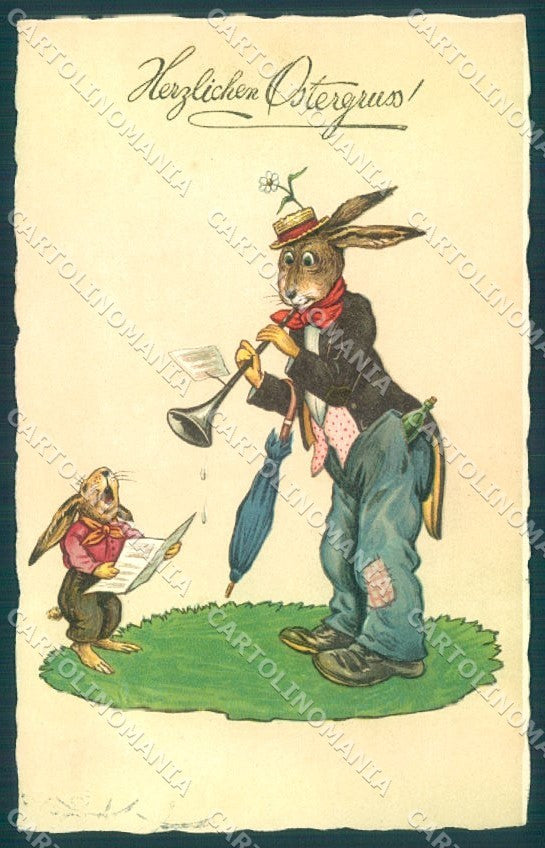 Greetings Easter Dressed Hare Playing Singing Amag 2143 postcard TW1795 – fronte