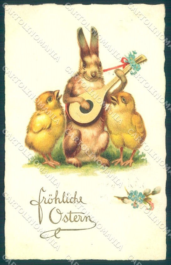 Greetings Easter Hare Playing Mandolin Chick Amag 2212 postcard TW1796 – fronte