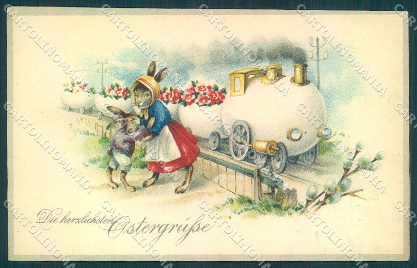 Greetings Easter Dressed Hare Train Egg Flower MSiB 1646 postcard TW1797 – fronte