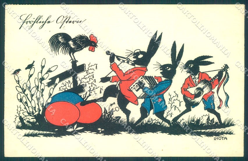 Artist Signed Lhota Easter Dressed Hare Egg Rooster 40-576 Silhouette pc TW1799 – fronte