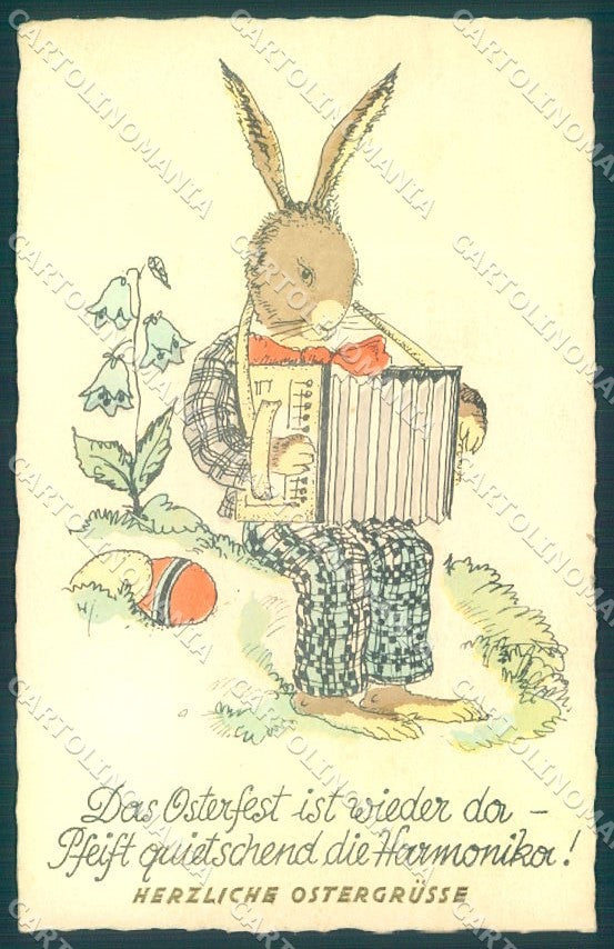 Greetings Easter Dressed Hare Playing Accordion Egg SOFT CREASE postcard TW1801 – fronte