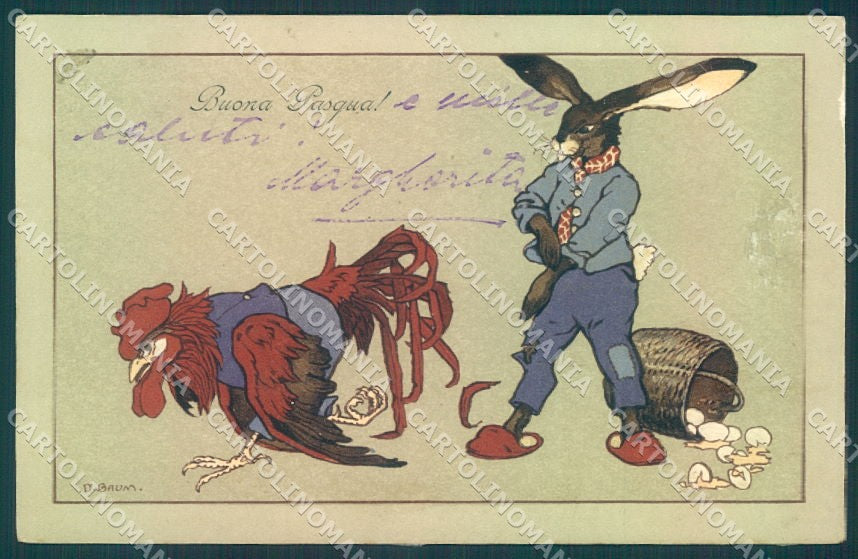 Artist Signed Baum Dressed Hare Rooster Egg Dondorf 352 UNGLUED pc TW1806 – fronte