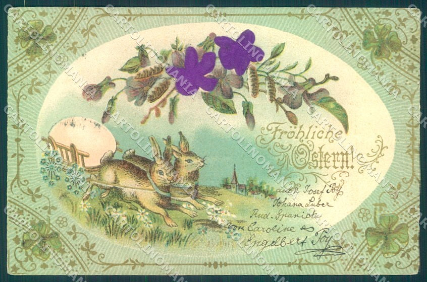 Greetings Easter Egg Hare Four Leaf Clover Silk Relief cartolina postcard TW1808 – fronte