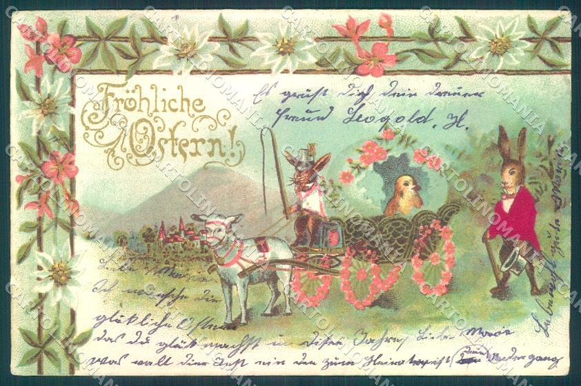 Greetings Easter Dressed Hare Chick Silk Relief cartolina postcard TW1810 – fronte