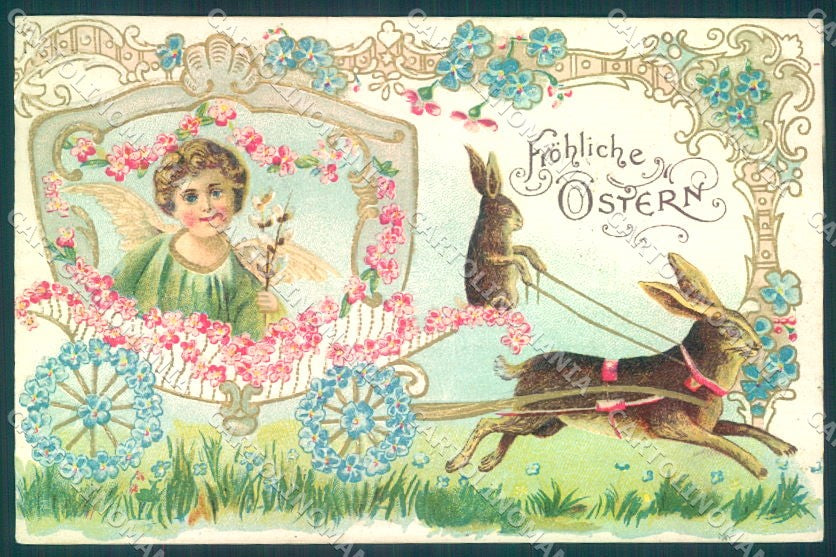 Greetings Easter Hare Carriage Angel Flower Relief cartolina postcard TW1811 – fronte