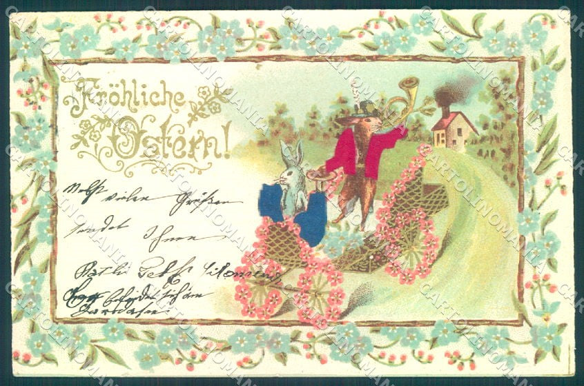 Greetings Easter Dressed Hare Flower Relief Silk CORNER CREASE postcard TW1812 – fronte