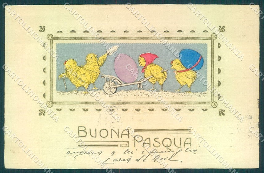 Greetings Easter Egg Humanized Chick Relief Pittius cartolina postcard TW1819 – fronte