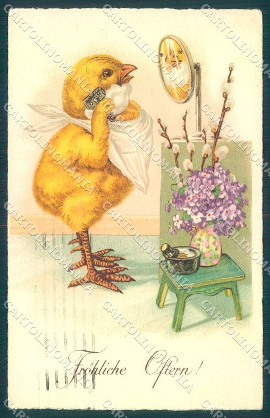 Greetings Easter Humanized Chick WSSB 8416 CORNER CREASE postcard TW1821 – fronte