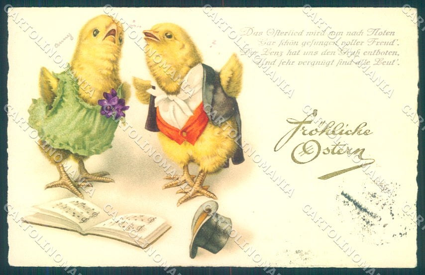 Greetings Easter Humanized Dressed Chick Singing Violet Pittius postcard TW1827 – fronte