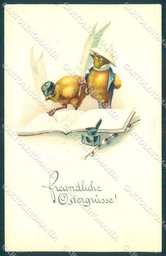 Greetings Easter Humanized Dressed Chick CORNER CREASE cartolina postcard TW1828 – fronte