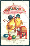 Greetings Easter Humanized Chicken Egg Umbrella serie 676-876 postcard TW1829 – fronte