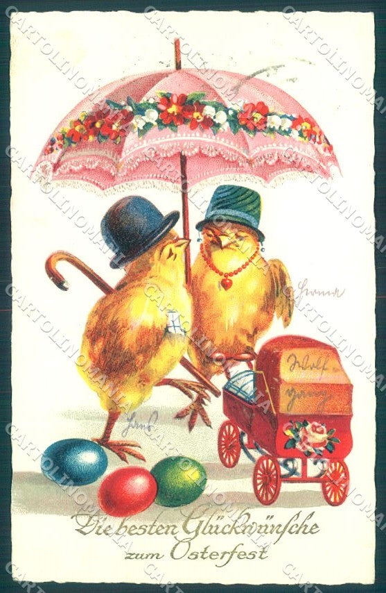 Greetings Easter Humanized Chicken Egg Umbrella serie 676-876 postcard TW1829 – fronte