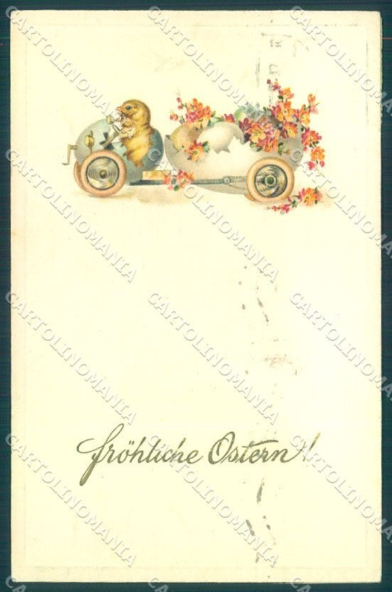 Greetings Easter Humanized Chick Egg Flower cartolina postcard TW1837 – fronte