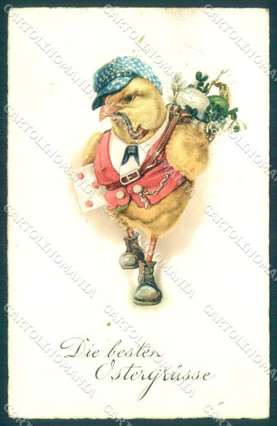 Greetings Easter Humanized Dressed Chick cartolina postcard TW1857 – fronte