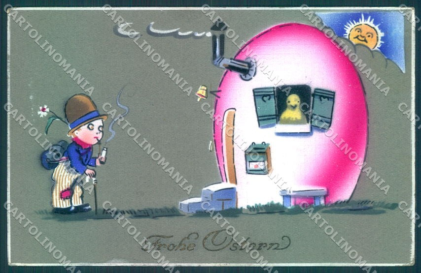 Greetings Easter Egg Chick Child Boy HWB cartolina postcard TW1859 – fronte