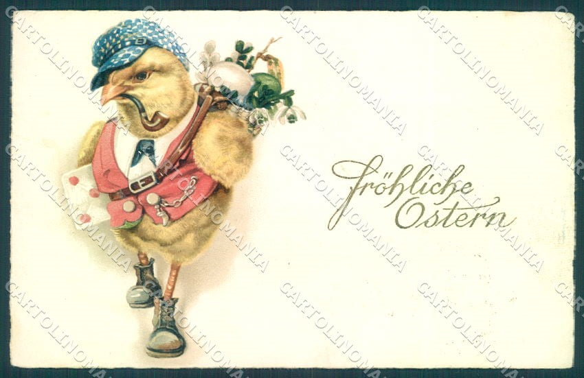 Greetings Easter Humanized Dressed Chick cartolina postcard TW1861 – fronte