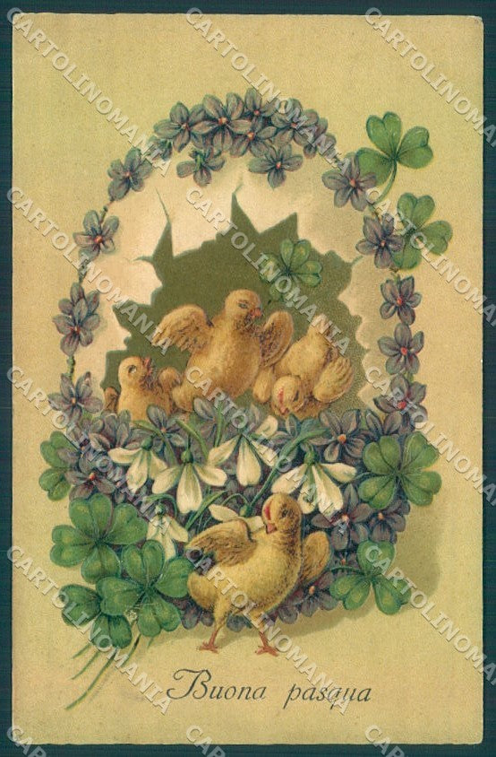 Greetings Easter Chick Egg Violet Four Leaf Clover Relief postcard TW1866 – fronte