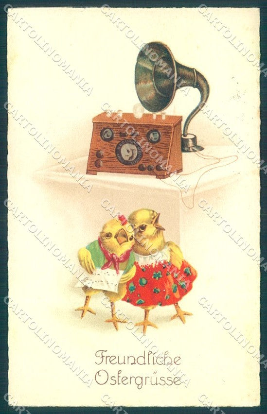 Greetings Easter Humanized Dressed Chick Radio serie 2229 postcard TW1868 – fronte