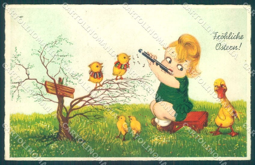 Greetings Easter Chick Child Girl Yellow Duck serie 5828 TEAR postcard TW1874 – fronte
