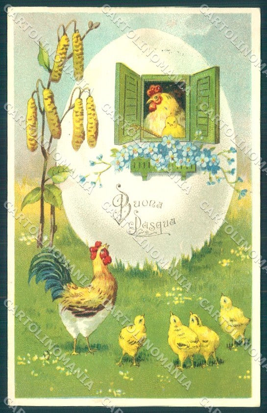 Greetings Easter Egg Chick Rooster Hen Flower serie 5355 postcard TW1875 – fronte