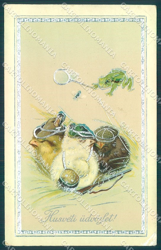 Greetings Easter Dressed Chick Frog Hunting Relief CORNER CREASE postcard TW1879 – fronte