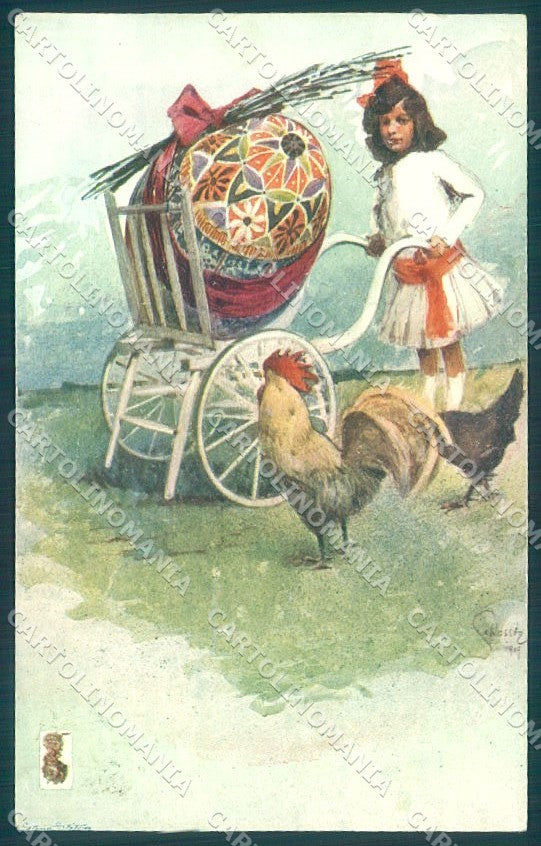Artist Signed Skolske Easter Egg Girl Rooster serie 12 cartolina postcard TW1880 – fronte