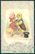 Greetings Easter Humanized Dressed Chick Dancing Relief postcard TW1883 – fronte