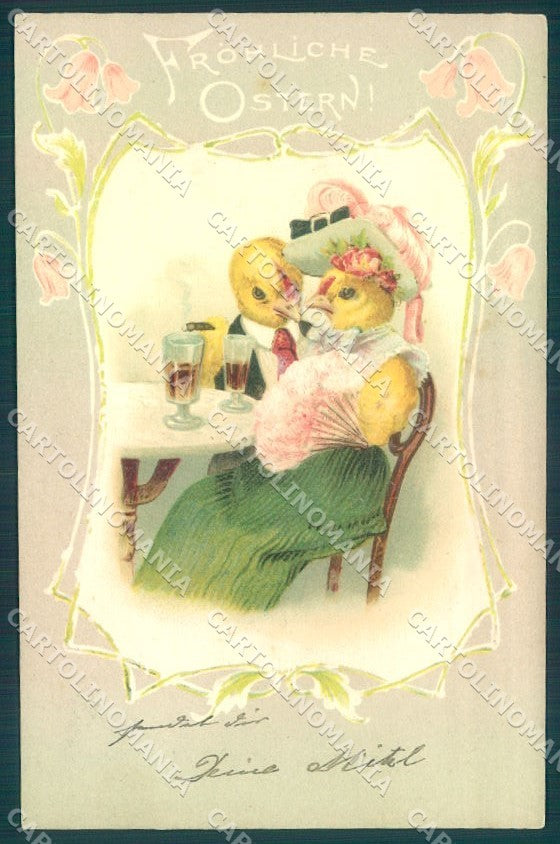 Greetings Easter Humanized Dressed Chick Drinking Relief postcard TW1884 – fronte