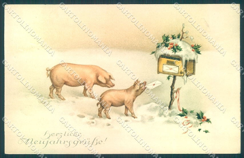 Greetings New Year Pig Mail Box August Rokl 916 cartolina postcard TW1888 – fronte