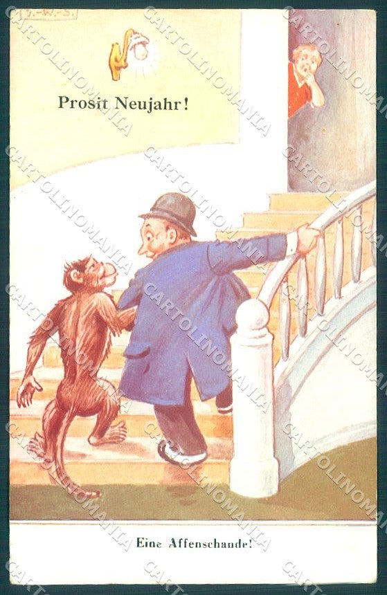 Artist Signed New Year Monkey Man Lady WSSB 7507 cartolina postcard TW1897 – fronte