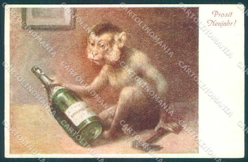 Greetings New Year Monkey Hammer Bottle Toasting Wagner 63 postcard TW1904 – fronte