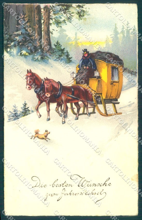 Greetings New Year Horse Dog Sleigh Carriage Man serie 6297 postcard TW1925 – fronte