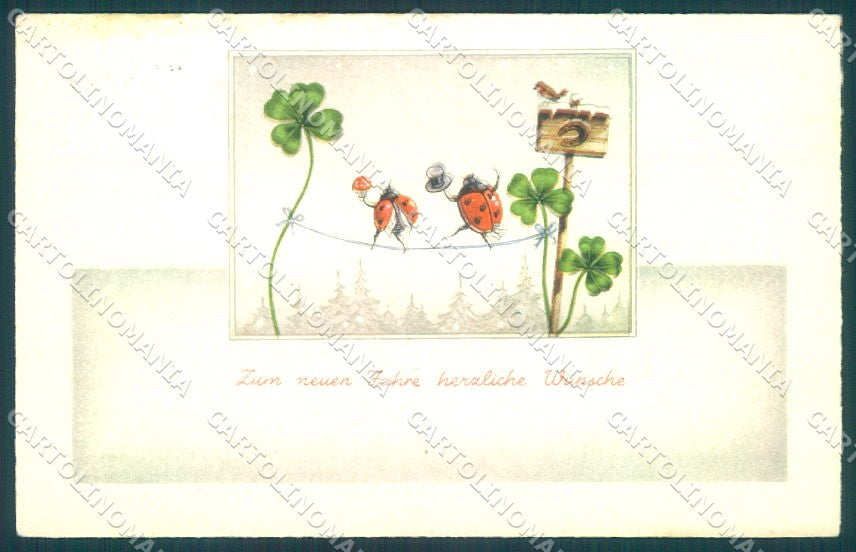 Greetings New Year Ladybug Four Leaf Clover Horseshoe serie 6167 postcard TW1933 – fronte