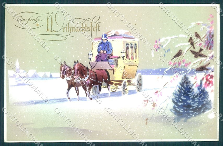 Greetings Christmas Winter Landscape Horse Man Carriage HWB postcard TW1939 – fronte