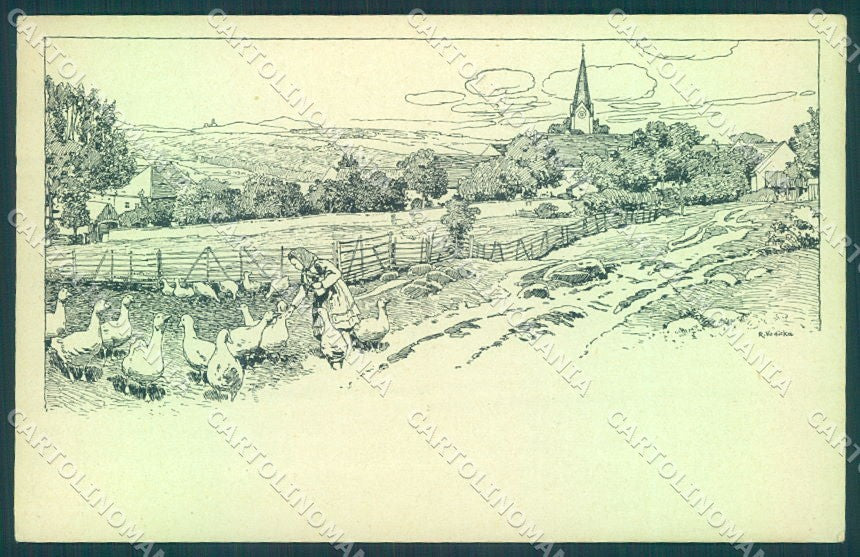 Artist Signed Vodicka Lady Goose Landscape cartolina postcard TW1945 – fronte