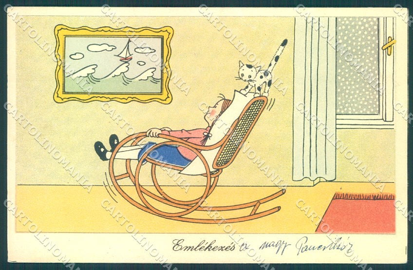 Artist Signed Cat Child Girl Rocking Chair serie 153-551 postcard TW1969 – fronte