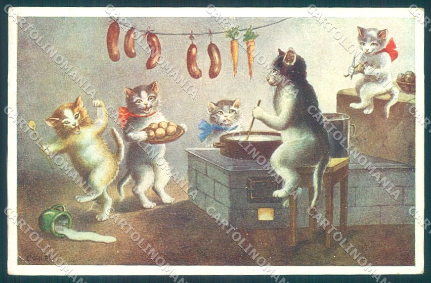 Artist Signed Ohler Humanized Cat Cooking BKWI 315-3 CORNER CREASE pc TW1981 – fronte