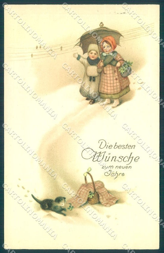 Greetings New Year Cat Children Girl Four Leaf Clover Amag 941 postcard TW1983 – fronte
