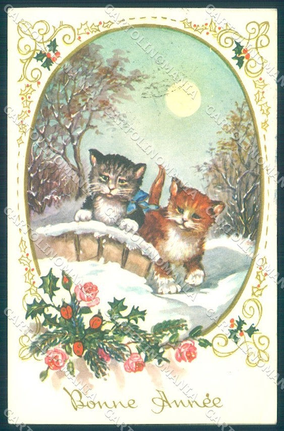 Greetings New Year Cat Flower Paper Moon serie 54338 cartolina postcard TW1990 – fronte