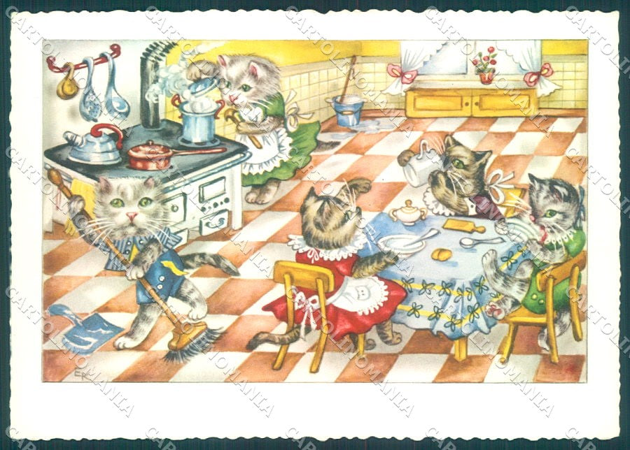 Artist Signed EK Humanized Dressed Cat serie 4190 FG cartolina postcard TW2029 – fronte