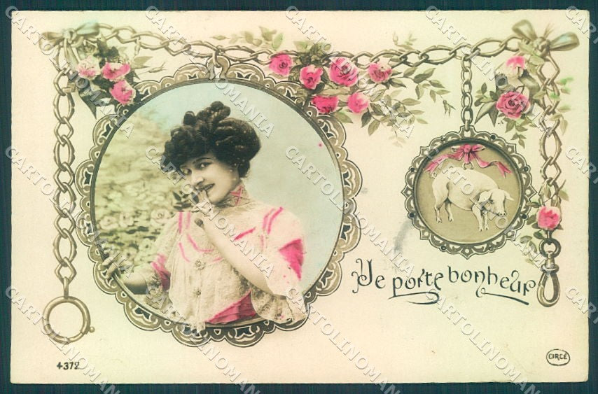 Greetings Augurali Lady Pig Luck Flower Jewel serie 4372 RPPC postcard TW2037 – fronte