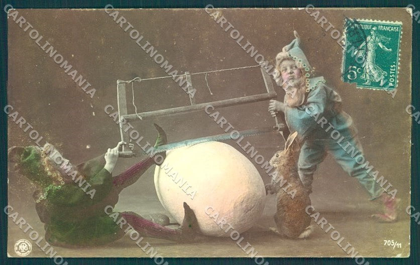 Greetings Easter Egg Hare Children Gnome NPG 705-11 Oranotypie RPPC pc TW2042 – fronte