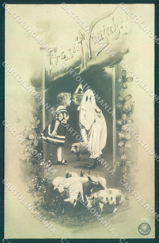 Greetings New Year Pig Children Four Leaf Clover NPG 225-2 RPPC postcard TW2050 – fronte