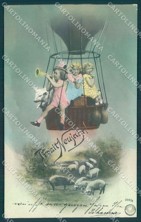 Greetings New Year Pig Children Hot Air Balloon NPG 225-8 RPPC postcard TW2051 – fronte