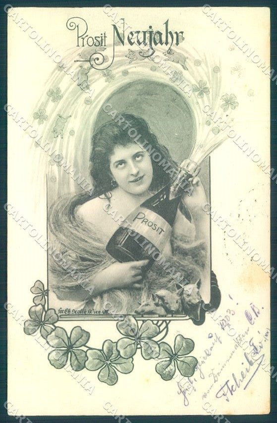 Artist Signed Scolik New Year Lady Toasting serie 1077 cartolina postcard TW2052 – fronte