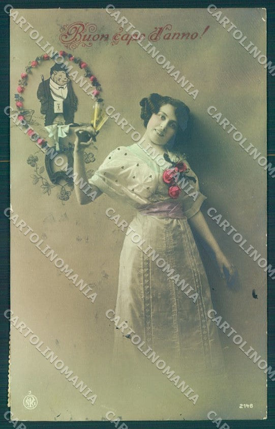 Greetings New Year Lady Toasting Dressed Pig NPG 2148 WRINKLES RPPC pc TW2055 – fronte