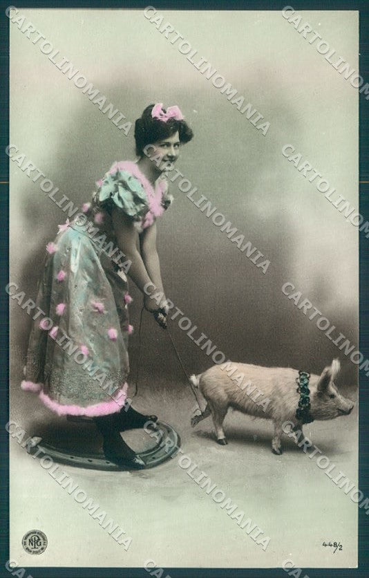 Greetings New Year Lady Horseshoe Pig NPG 448-2 Oranotypie RPPC pc TW2056 – fronte