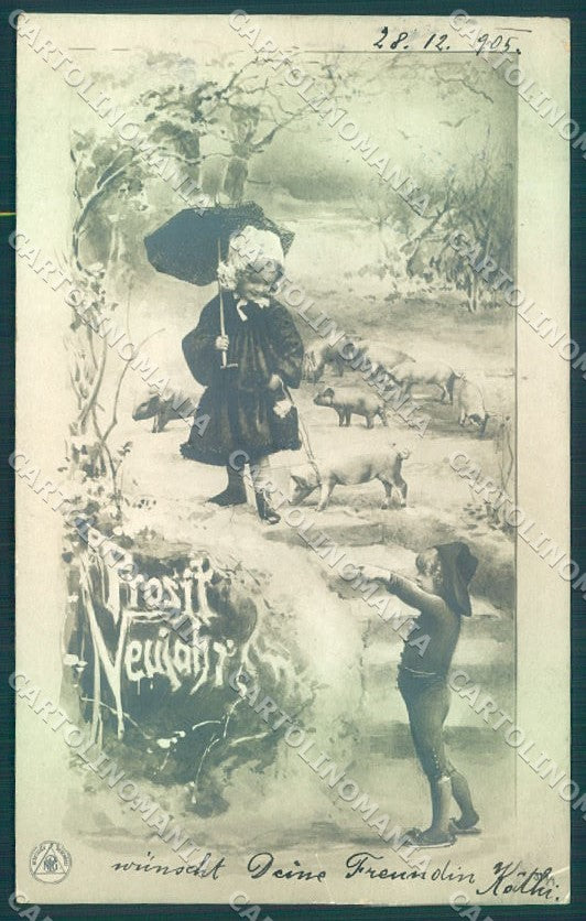 Greetings New Year Pig Children Girl Boy NPG 314-1 RPPC postcard TW2060 – fronte