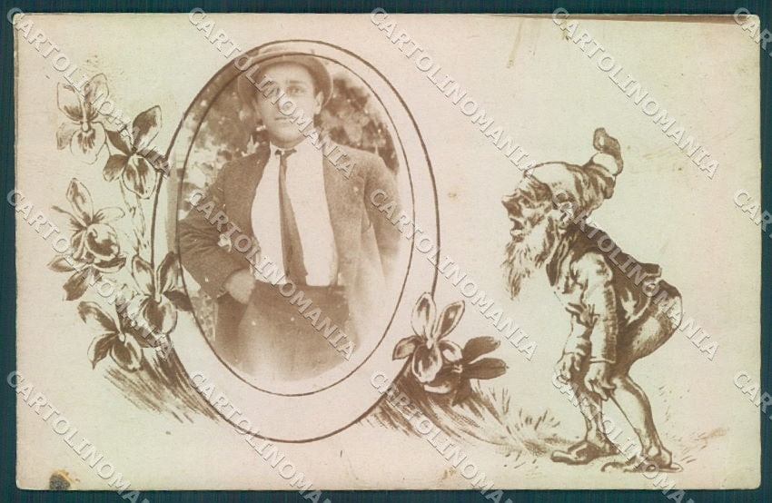 Greetings Augurali Gnome Man Violet CORNER CREASES RPPC postcard TW2064 – fronte