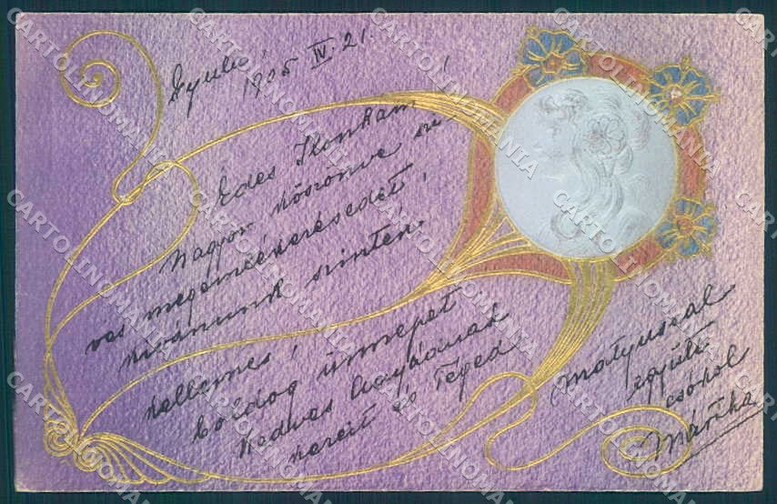 Artist Signed Lady Art Nouveau Flowers Relief cartolina postcard TW2105 – fronte